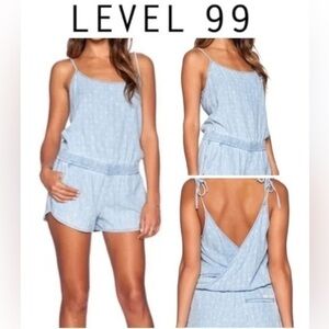 LEVEL 99 Women’s Light Blue Denim Romper with Pockets & Elastic Waist Size XS